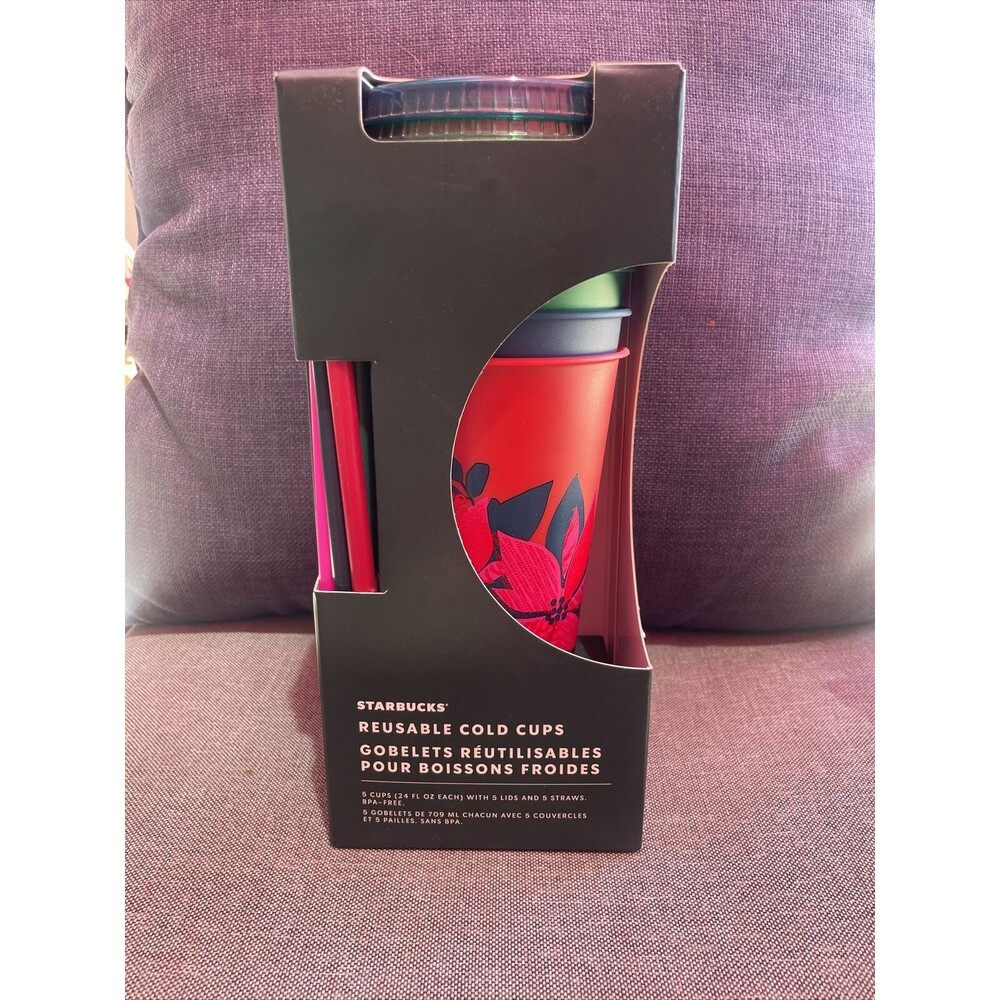 NEW STARBUCKS 2021 HOLIDAY CHRISTMAS REUSABLE COLD CUPS STRAWS LIDS SET OF 5
